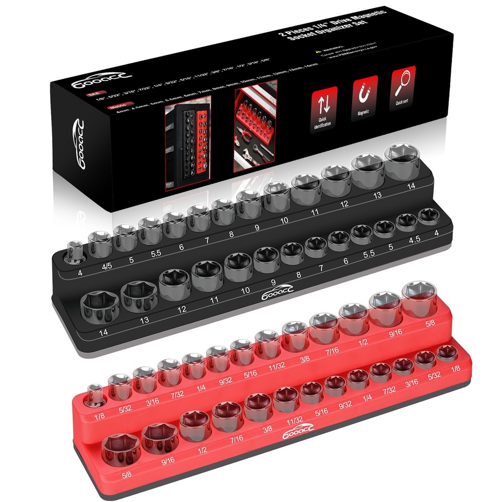 1/4" Magnetic Socket Organizer, 2 Pieces Socket Holder Metric SAE Socket Tray...