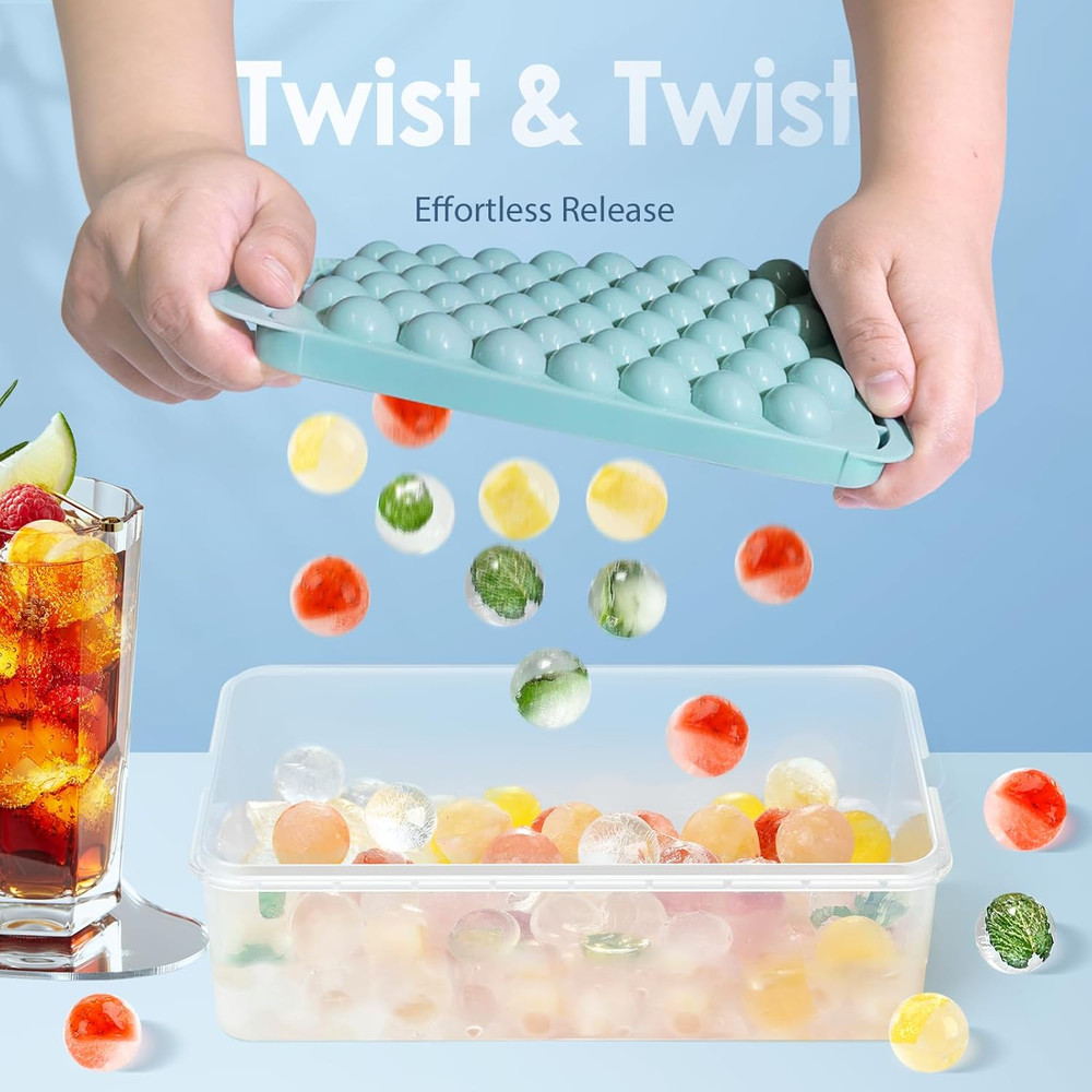 2-Pack Round Ice Cube Trays with Lid & Bin – Freezer Ice Container, Blue, 0.8"