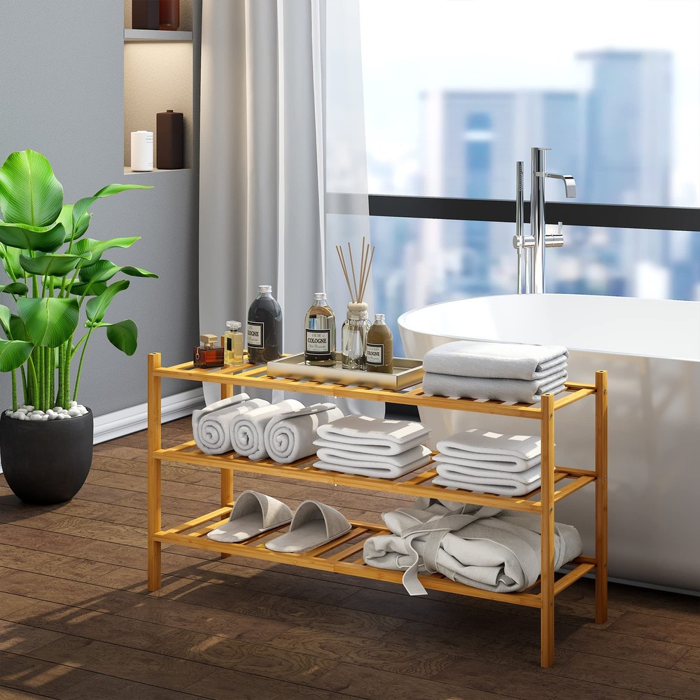 3-Tier Bamboo Extended Shoe Rack Premium Stackable Shoe Shelf Storage Organiz...