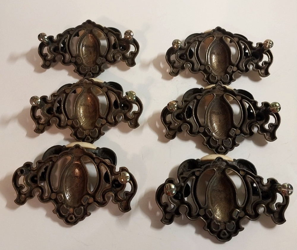 Vintage Set 6 Drawer Pulls & 4 Knobs Matching Brass and White Ceramic