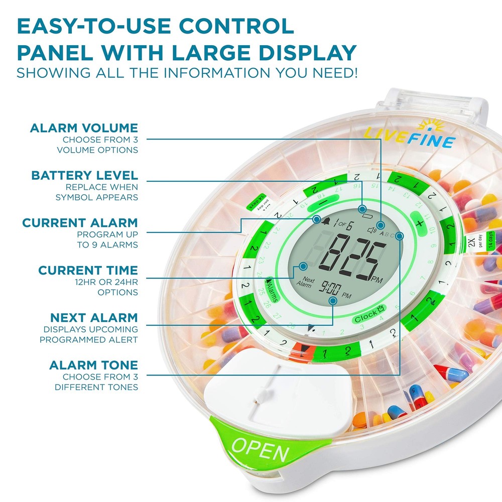 LiveFine 28-Day Automatic Pill Dispenser with LCD Display & Key Lock, Clear Lid