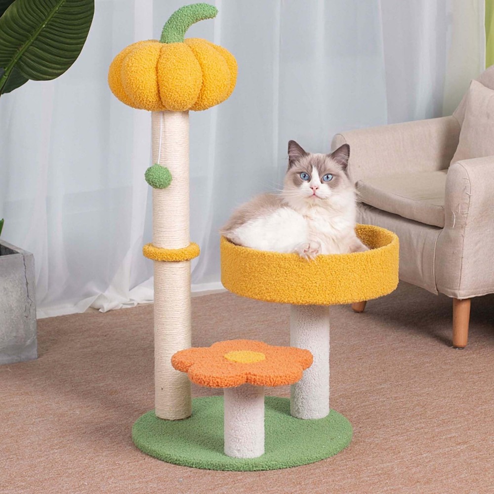 Cat Scratching Post, MODUSKYE Cat Tree Tower Yellow Pumpkin Orange Flower Cat...
