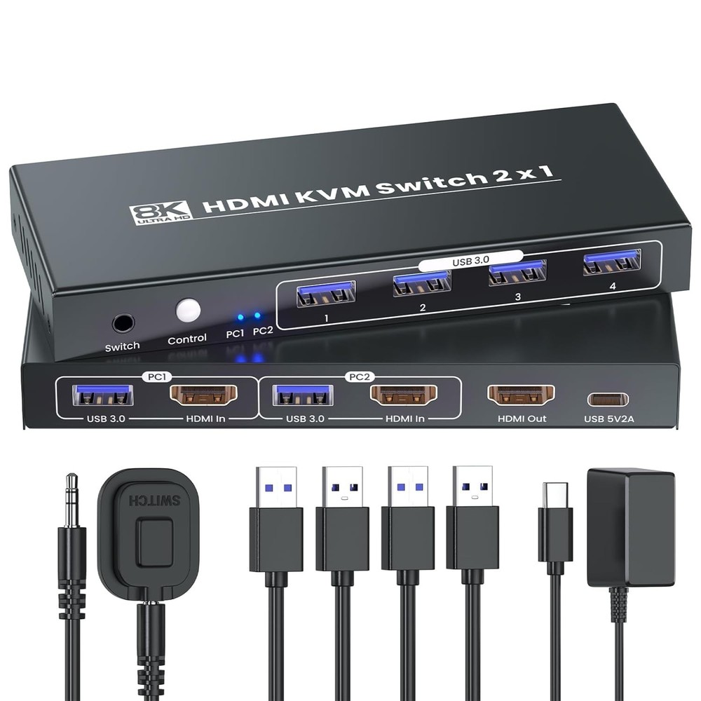 Durable HDMI KVM Switch for 2 Computers - 8K60Hz Resolution with USB 3.0