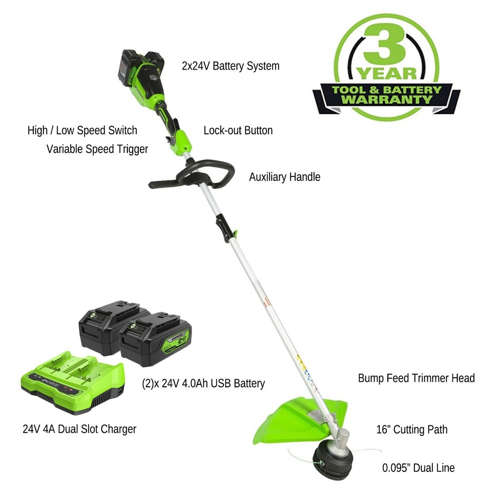 Greenworks 48V (2x24V) 16 inch String Trimmer Attachment Capable (2)x4Ah Battery