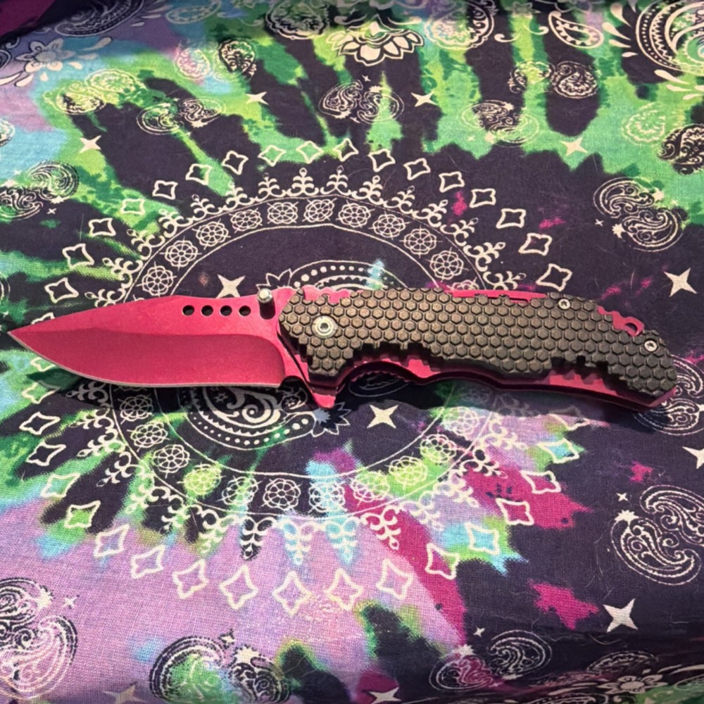 Custom Handmade Red Black Textured Handle Drop Point Folding Pocketknife