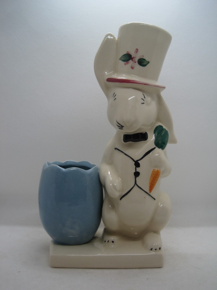 Morton Pottery Ceramic Easter Bunny Rabbit Top Hat Blue Egg Planter
