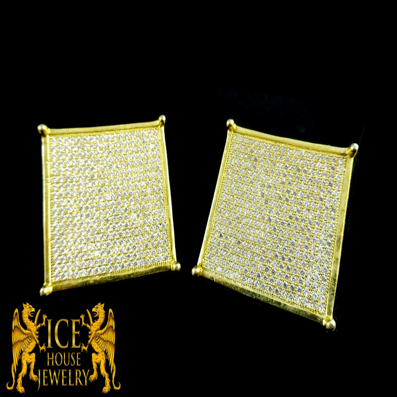 New Men Multivariation Flat Screen White CZ on Yellow Gold Platted Stud Earrings