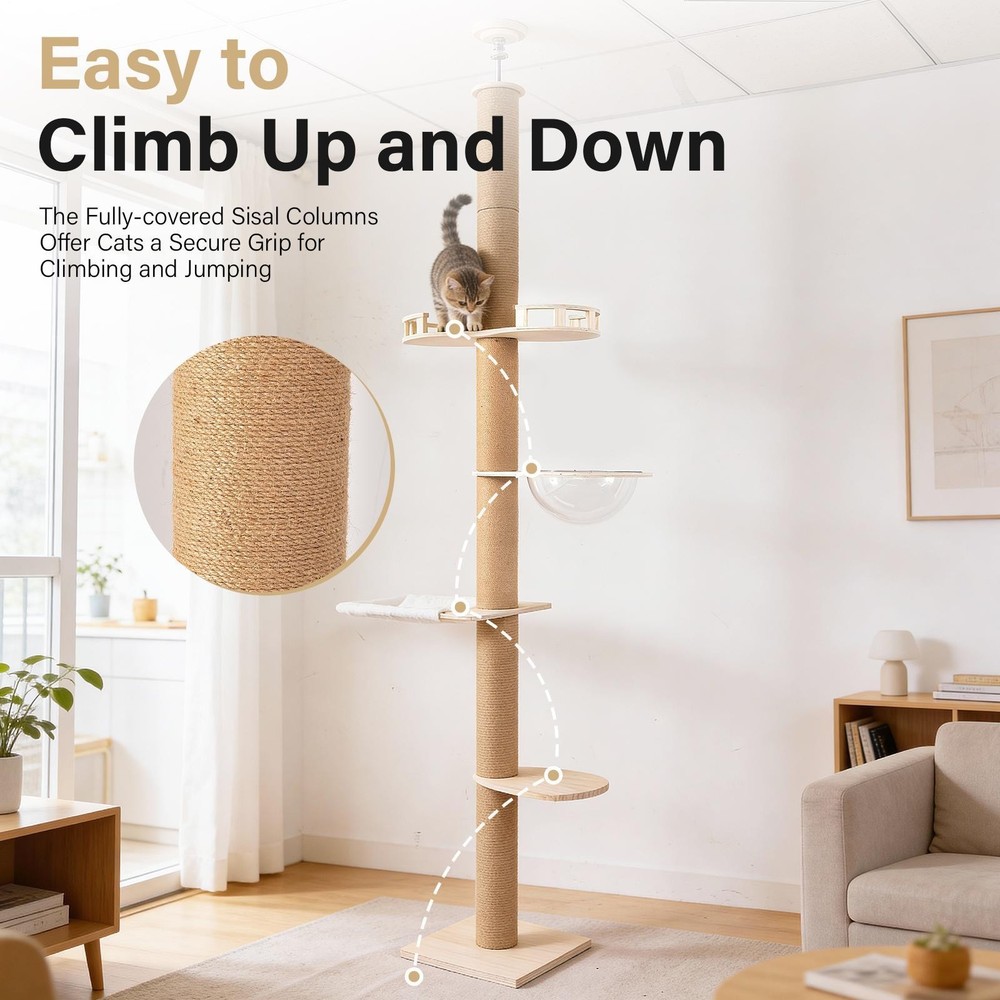 Floor To Ceiling Cat Tree 4 Layer 8.5-8.7 Ft Adjustable Height Climbing Tower