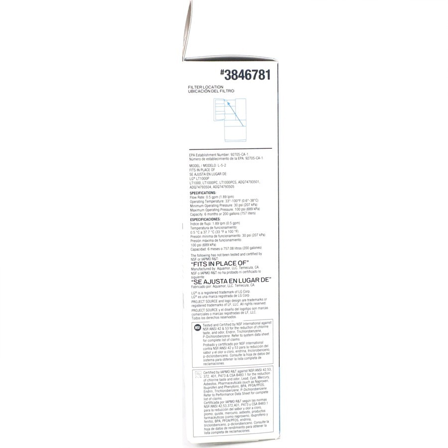 Project Source Twist-in Refrigerator Water Filter L-5-2 Fits LG LT1000P #3846781