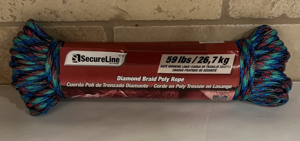 New Secureline By Lehigh Diamond Braid Poly Rope 59lb 100ft x 3/16"