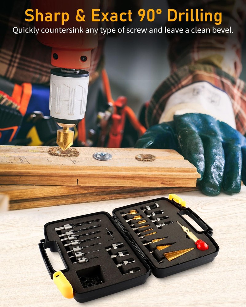 34 Pcs Woodworking Chamfer Drilling Tools Including 6 Countersink Drill Bit...