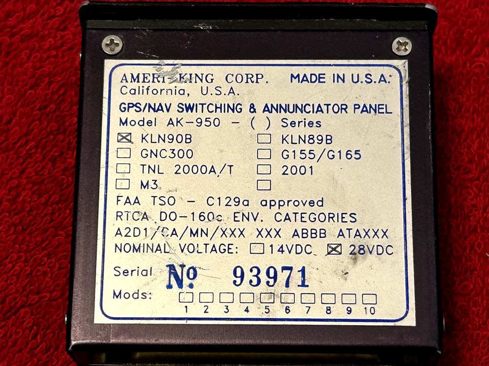AMERI-KING AK 950-KLN 90B GPS/NAV SWITCHING & ANNUNCIATOR PANEL WITH CONNECTOR
