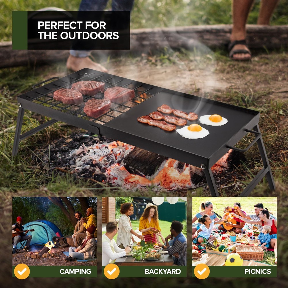 Foldable Carbon Steel Campfire Grill Portable Grate Griddle Fire Pit BBQ