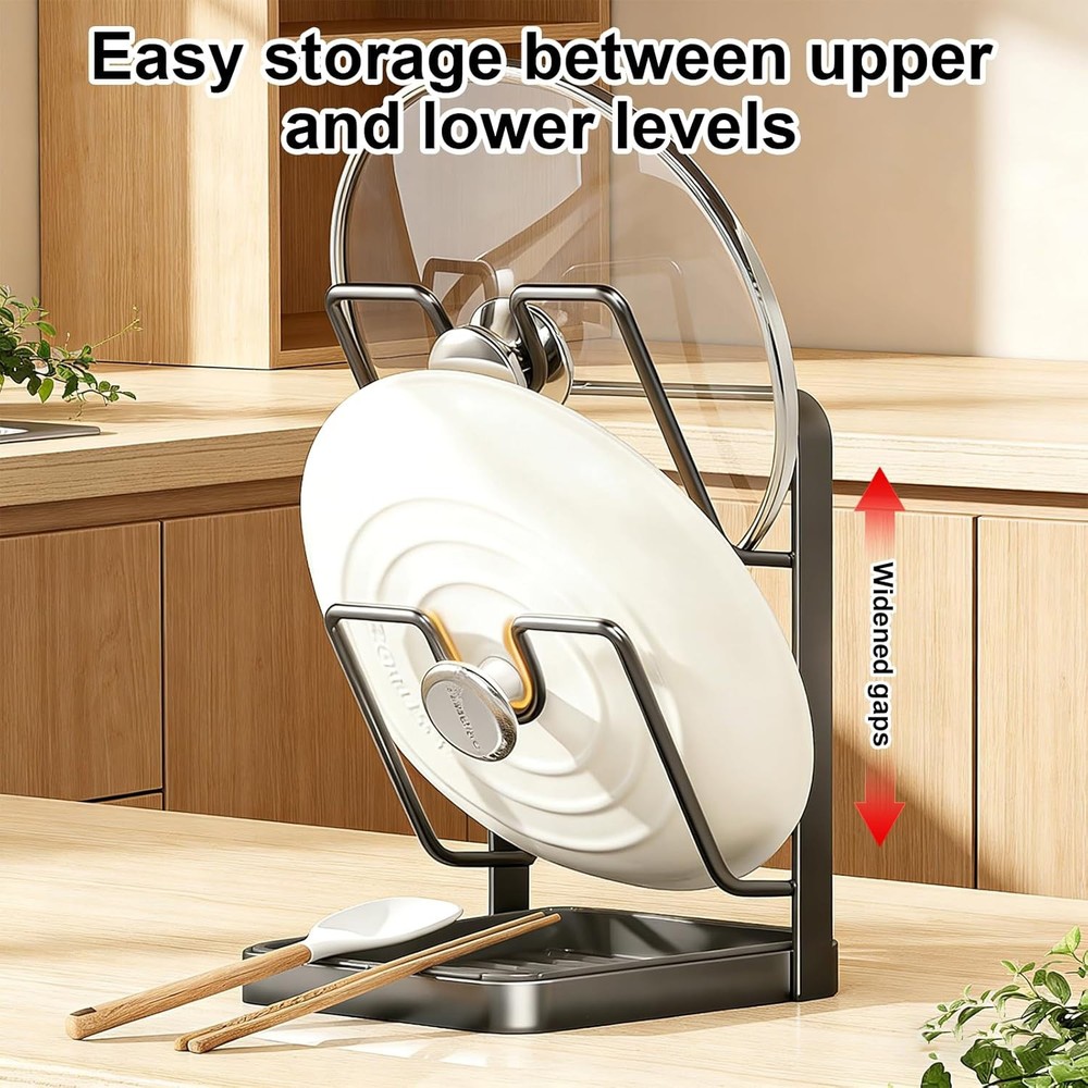 Kitchen Pot Lid Storage Rack Pot Lid Holder While Cooking + Removable Drip Tray