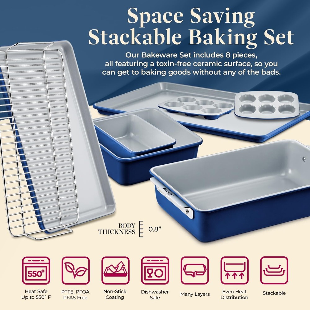 Bakken 8-Piece Stackable Bakeware Set – Ceramic Non-Stick, Oven-Safe Bakin