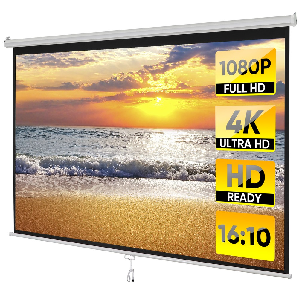 100"Manual Projection Screen Pull Down 16:10 HD Projector 4K Widescreen for Home