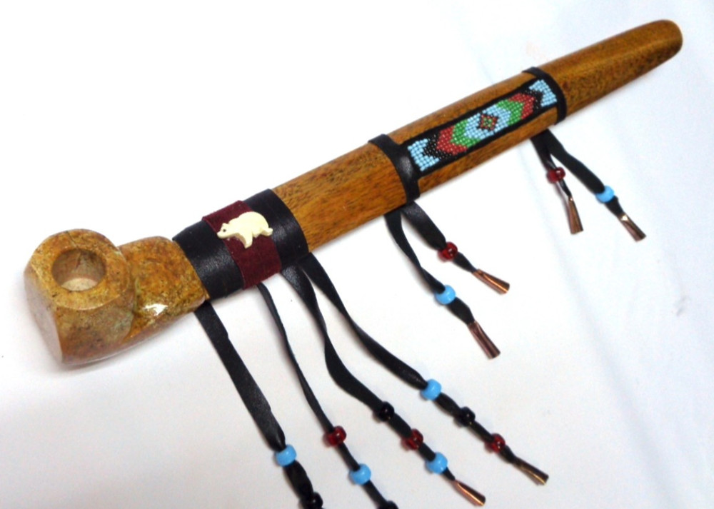 16" Marbled Soapstone Peace Pipe, Apache Bear Spirit Pipe