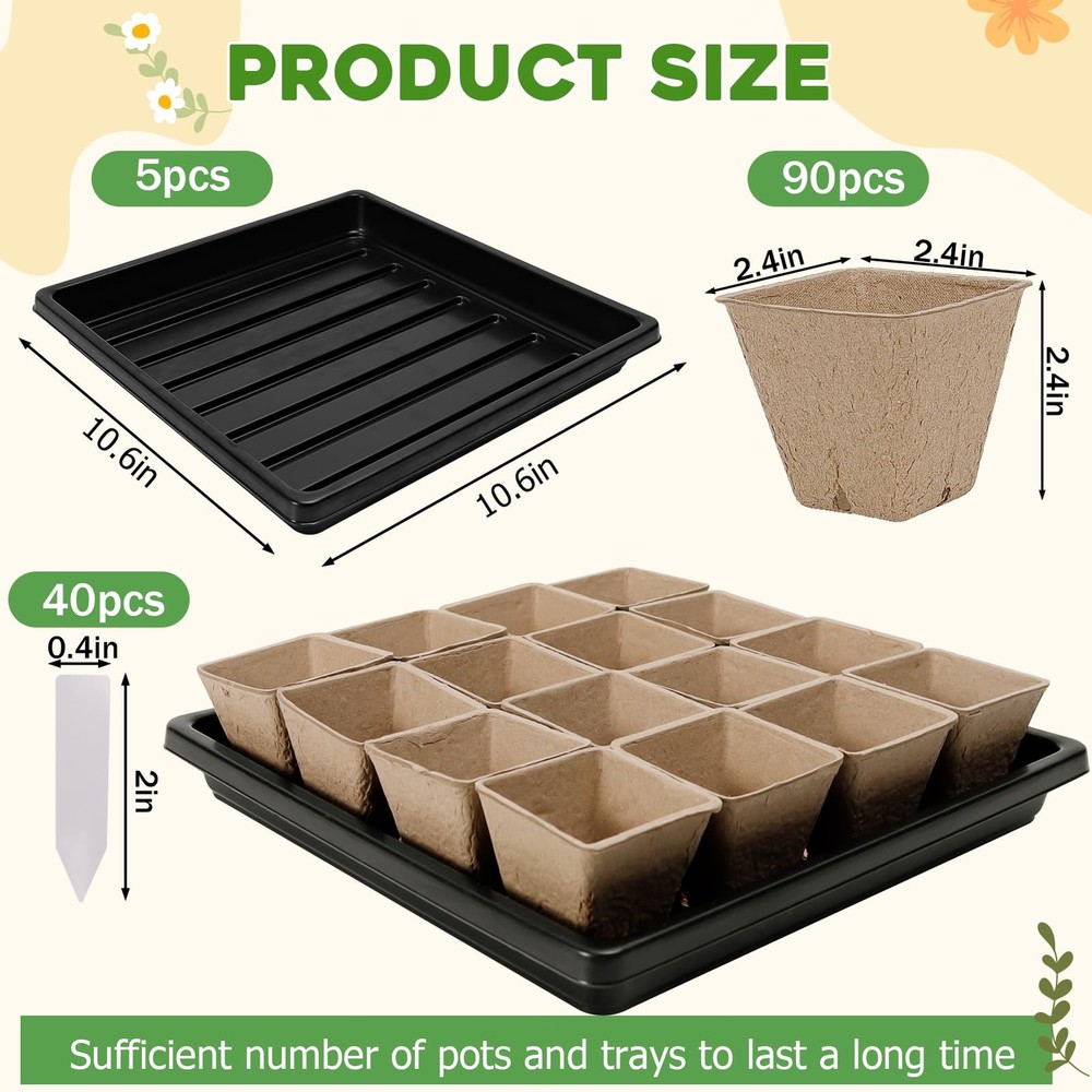 5PCS Seed Starter Tray with 90PCS Square Seed Peat Pots,Seed Starter Kit with...