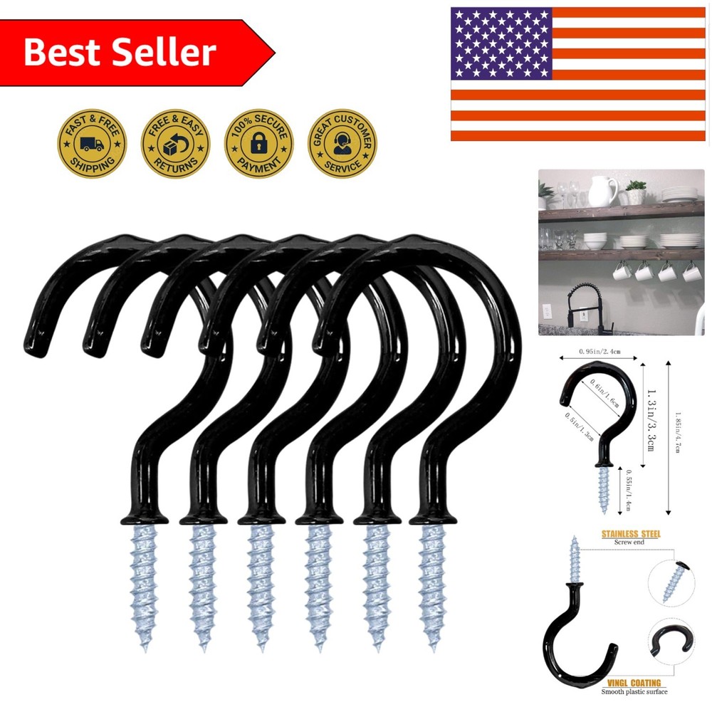 Multi-Functional Screw-In Ceiling and Wall Hooks - 12 Black Vinyl Coated Hooks