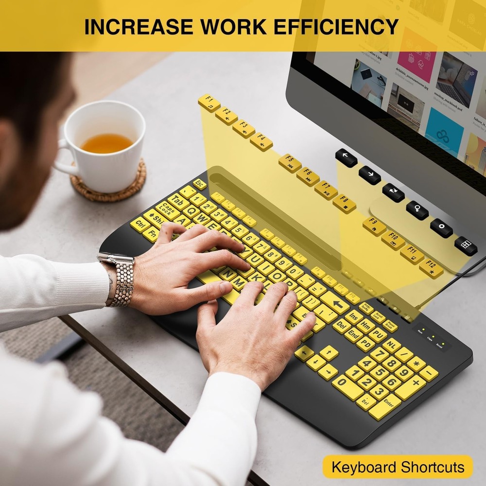 SABLUTE Large Print Keyboard Wired Computer Keyboards with Wrist Rest, Phone ...