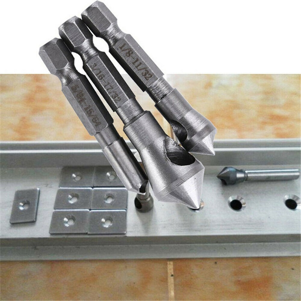 3Pcs Chamfer Countersink Deburring Drill Bits Set Kit Cutting Metal Wood Tool
