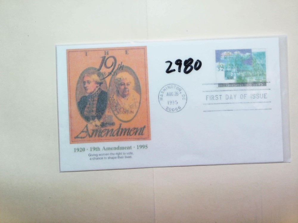 U. S. FDC  2980 - 19th Amendment - unsigned cachet - comb. ship!
