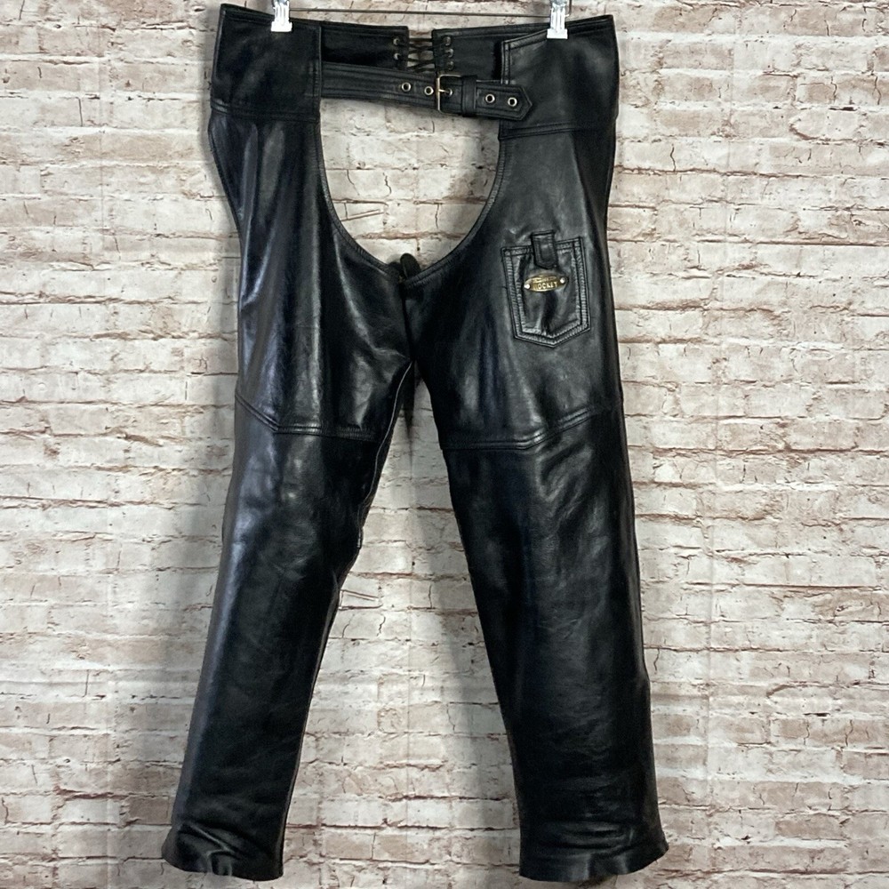 Joe Rocket Mens Black Leather Chaps Medium Open Back Pant GREAT CONDITION CLEAN