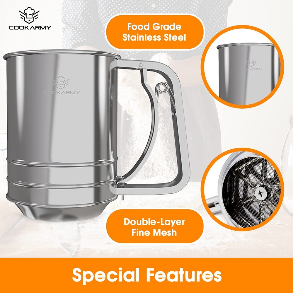 Stainless Steel 3 Cup Flour Sifter Double-layer Ideal for Baking Needs
