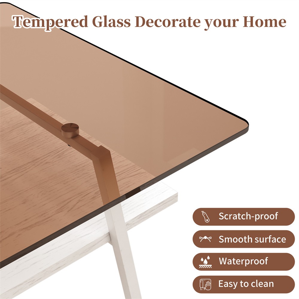 Brown Tempered Glass Rectangular Coffee Table Have Storage Shelf Function