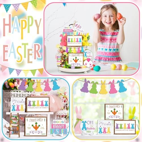 15 Pcs Easter Spring Tiered Tray Decor Set Wooden Table Sign Easter Bunny