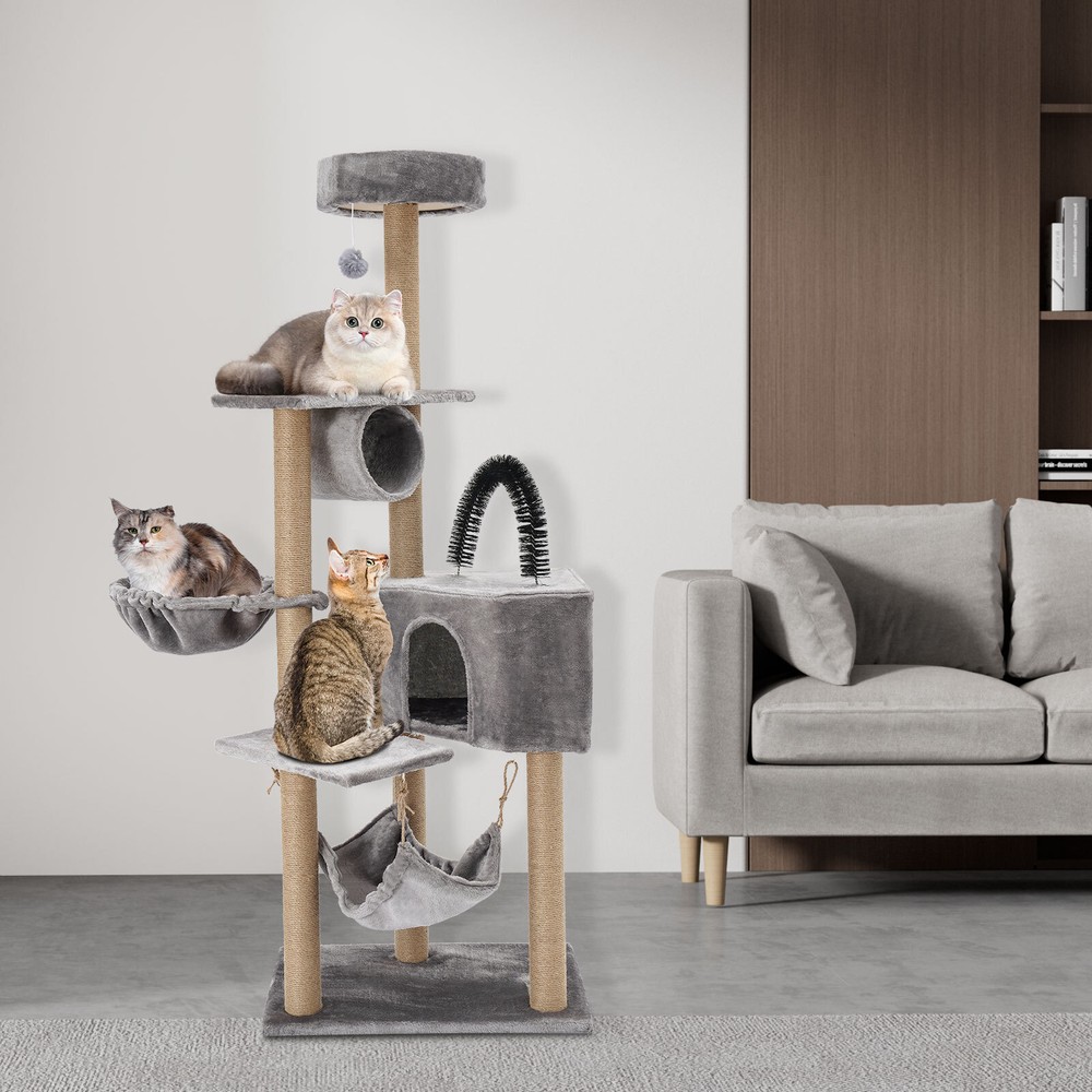 Floor Standing Scratching Post Multi-Level Cat Tower Climbing Frame Silvery Grey