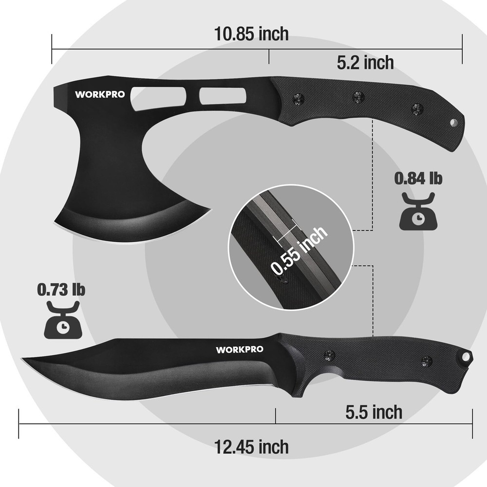 WORKPRO Hunting Knife Hatchet Axe Combo Set Tactical Knife Full Tang Fixed Blade