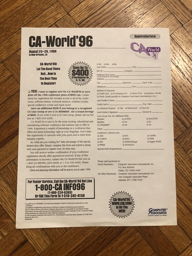 1996 TechniCon Tech Conference At CA-World New Orleans Info Packet