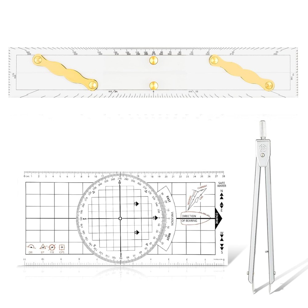 3 Pcs Basic Navigation Set,Including 15inch Parallel Ruler with Brass Arms, N...