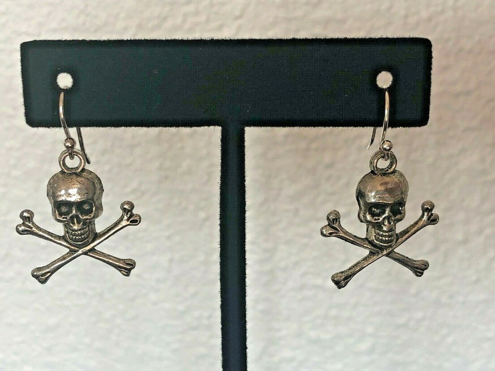 Skeleton skull bone pierced ear drop silver - tone silver plated post earrings