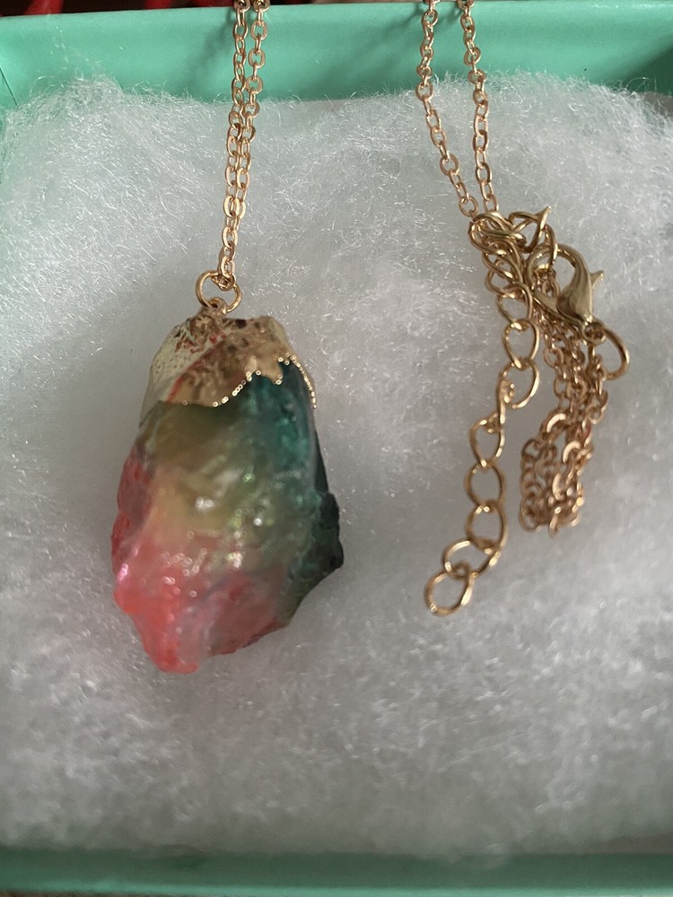 Natural Rainbow Agate drop with gold tone necklace