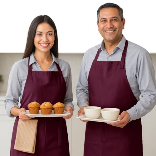 Kitchen Apron 2 Pack - 100% Cotton Adjustable, Durable Apron Burgundy Wine