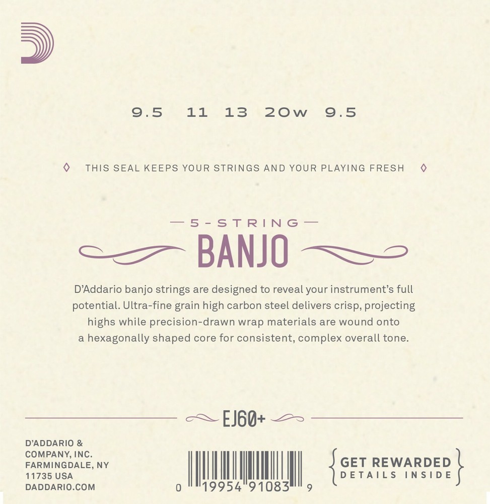 D'Addario EJ60+ 5 String Banjo Strings Nickel Light 9.5-20 plus