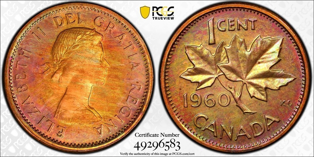 PL64BN 1960 1C Canada Maple Leaf Proof Cent, PCGS Trueview- Rainbow Toned