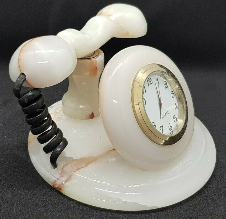WHITE ONYX HANDCRAFTED, TELEPHONE STYLE CLOCK, 3"