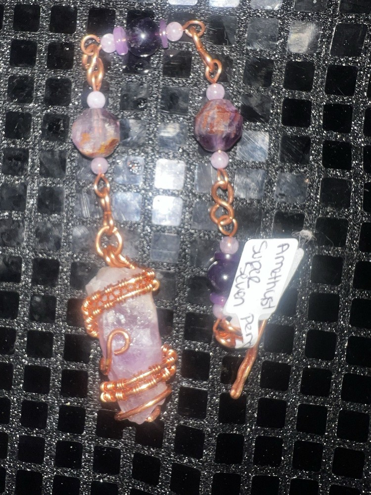 🔮 Copper Wrapped Raw Amethyst Pendulum Super 7 Amethyst Chain Divination Tool