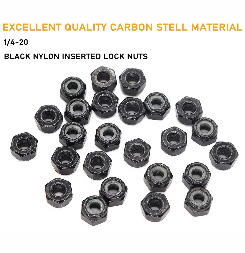 50pcs 1/4-20" Black Nylon Lock Nuts Inserted Self Locking Hex Nuts Carbon Ste...