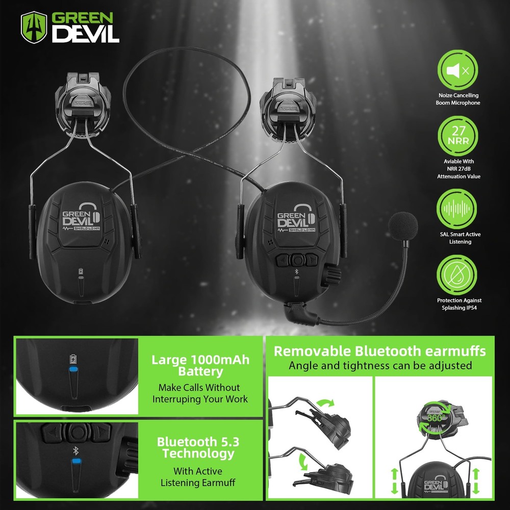GREEN DEVIL Hard Hat with Bluetooth Ear Muffs and Visor Vented Work Safety He...