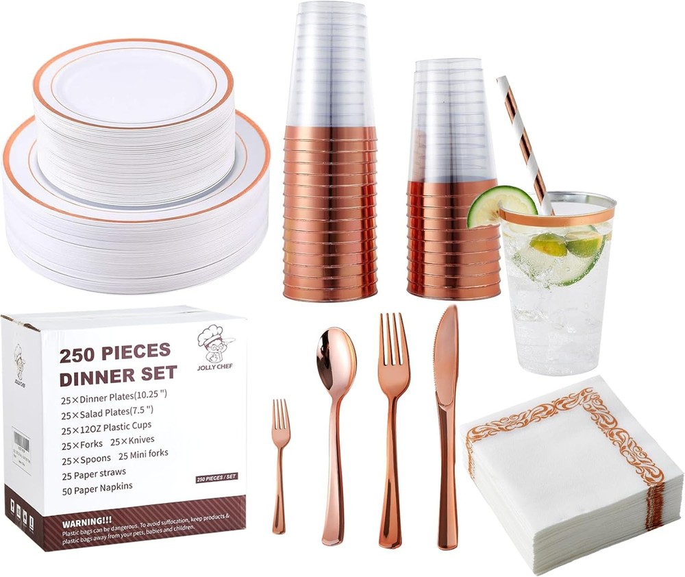 250 Count Rose Gold Disposable Plastic Dinnerware Set 50 Rose Gold Plastic