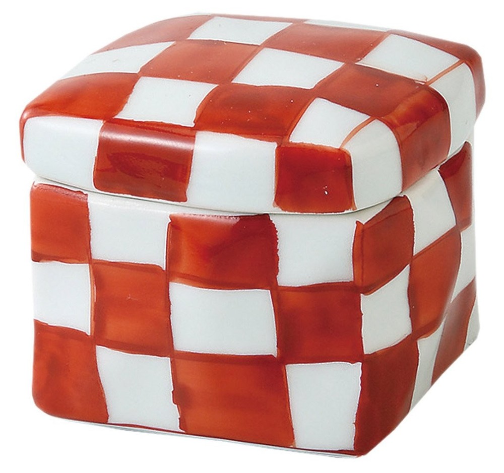 Hasami Ware Square Ceramic Box Medium Red Check Pattern Japan