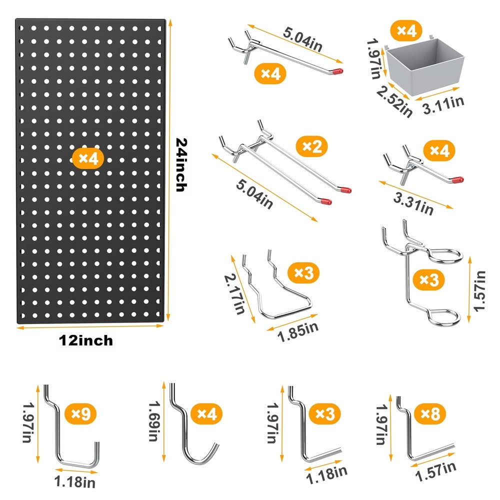 4x2ft Metal Pegboard Kit for Tools Storage, Black Pegboard Wall Organizer wit...