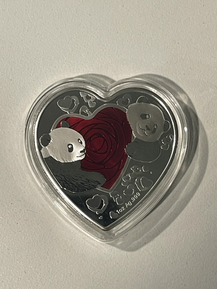 2020 Heart Shaped Silver China Panda w/Red Rose  -  Includes COA