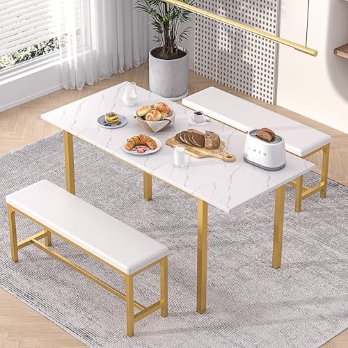 3-Piece 63" Extendable Kitchen Table with Benches/Chairs, Modern White