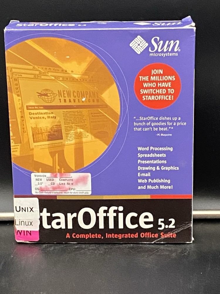 Vtg STAROFFICE 5.2 SUN Microsystems Software English CD-ROM 2000 LINUX Windows