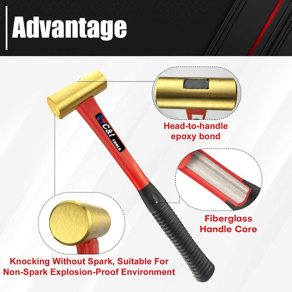 3-Piece Hammer Set, Jacketed Fiberglass Solid Brass Non-Sparking Hammers